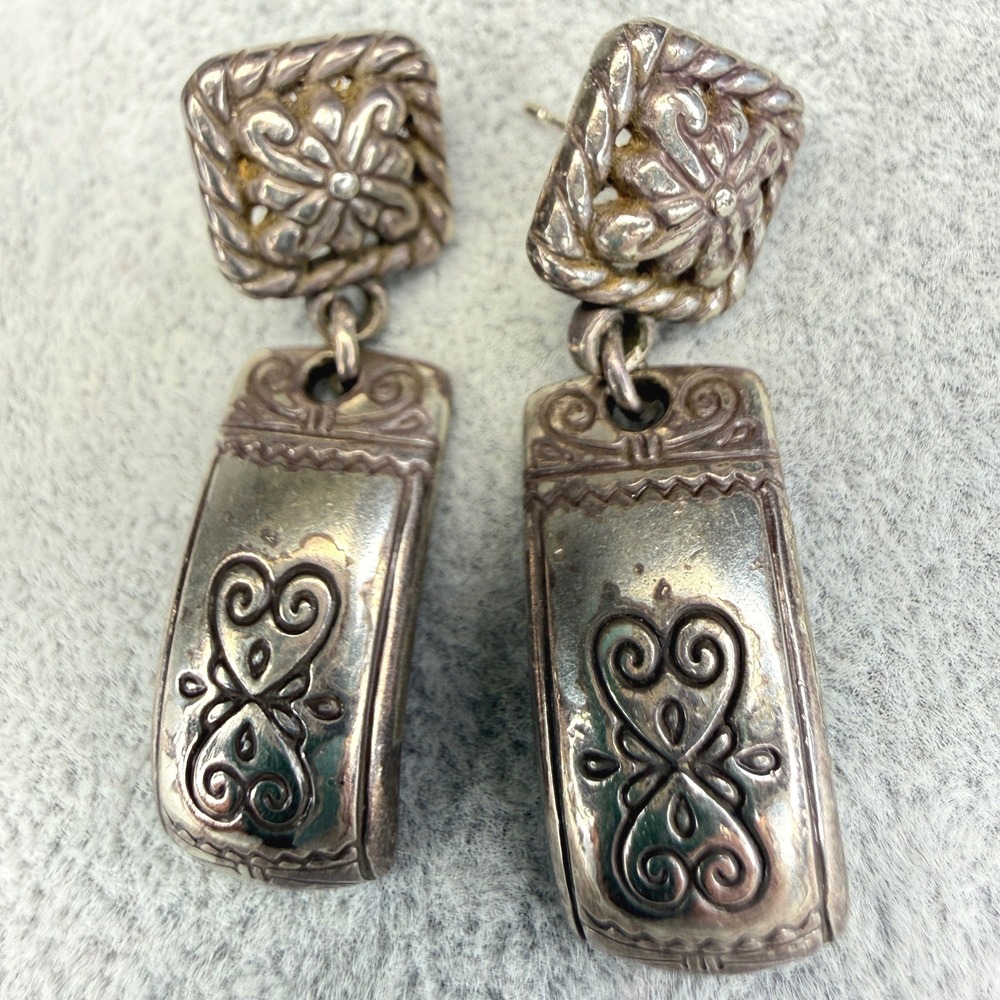 Vintage Brighton Drop Earrings Silver Tone Heart Scroll Southwestern READ